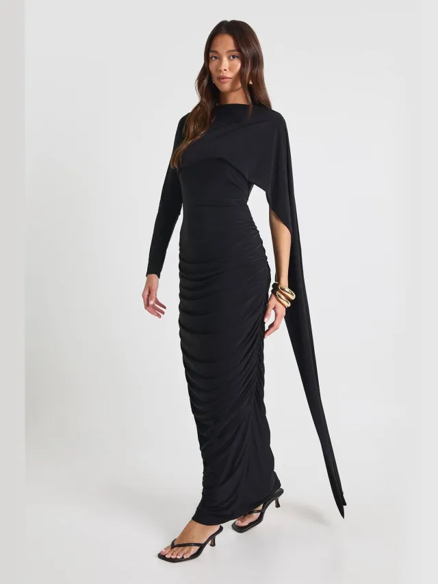 boohoo Dames Slinky maxi-jurk met lange mouwen en drapeeffect Zwart