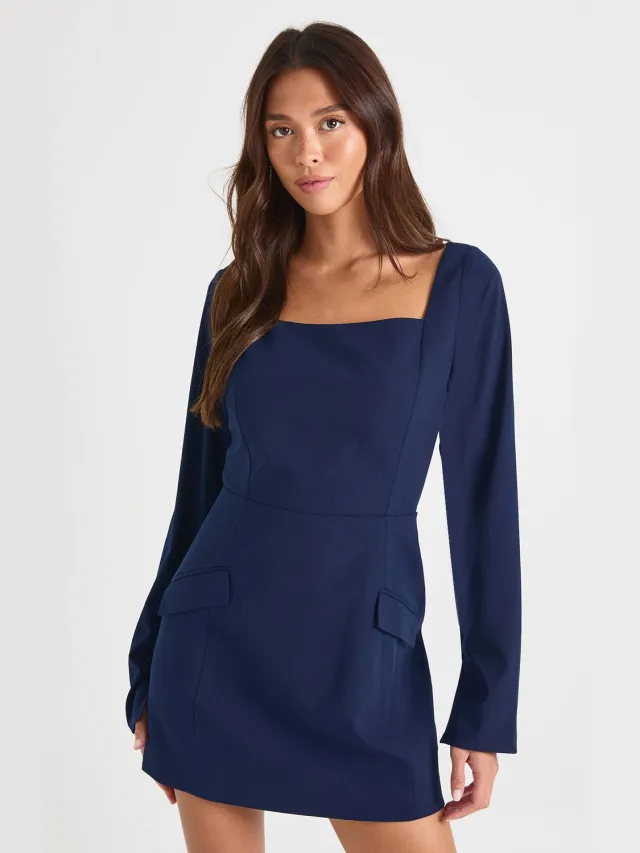 boohoo Dames Op maat gemaakte jurk met vierkante hals in shift-stijl Marineblauw