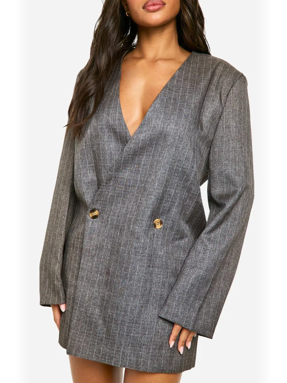 boohoo Dames Premium Heavy Pinstripe Oversized Blazerjurk bruin, foto 3
