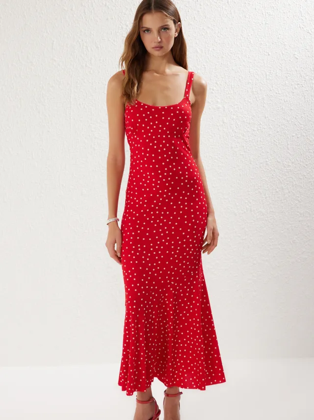 Trendyol TRENDYOLMİLLA Dames Rood Stippen Maxi Mouwloos Casual Zeemeermin Jurken