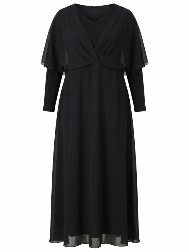 Ulla Popken Dames - Maxi-jurk van chiffon glitters V-hals lange mouwen - Zwart - Maat 50+