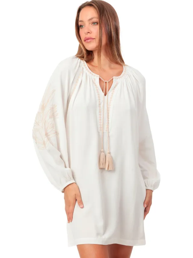 Admas Korte Jurk Admas Strandcaftan met lange mouwen Embroidery And Cords Wit
