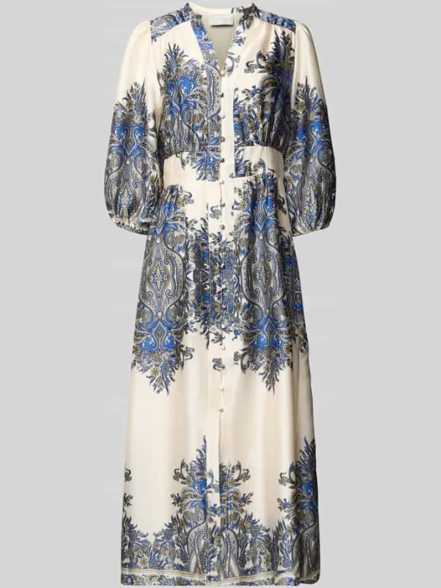 Neo Noir Maxi-jurk met pofmouwen, model 'STELLAR PAISLEY BORDER' blauw, foto 2