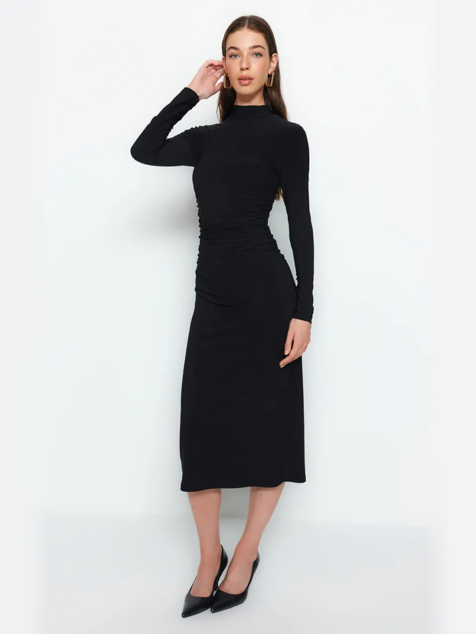 Trendyol TRENDYOLMİLLA Dames Zwart Effen Midi Lang Avond / Dagelijks Bodycon Jurken