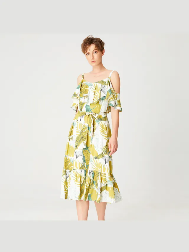 Smart & Joy Tropische print trapeze -jurk met ruches en dunne riemen Geel