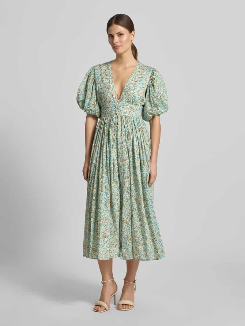 Lace & Beads Cocktailjurk met V-hals en pofmouwen Lindegroen