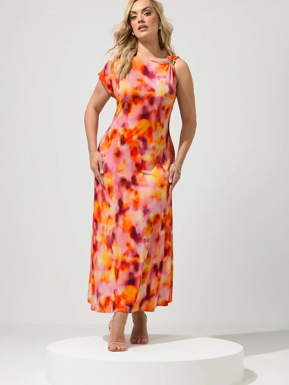 Yours London Oranje Jurk Met Vervaagde Abstracte Print En Gespdetail Orange