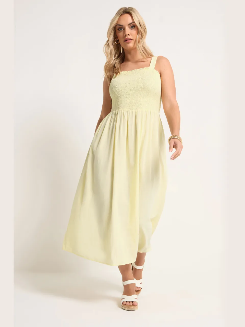 Yours Gele Linnen Maxijurk Met Smokwerk-52 Yellow