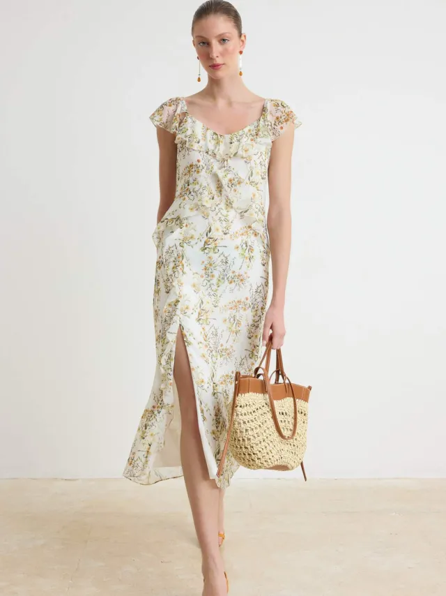 Trendyol TRENDYOLMİLLA Dames Ecru Bloemen Maxi Kort Avond / Dagelijks A-lijn Jurken