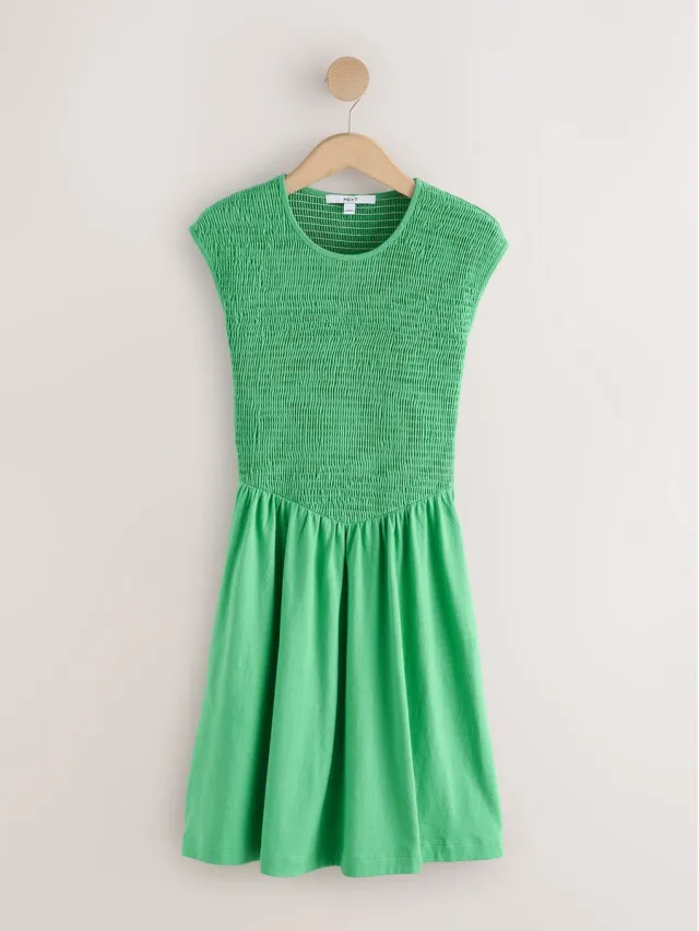 Next Dames - Jersey mini-jurk met kapmouwtjes en aangerimpeld lijfje - Groen Green