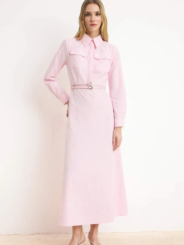 Trendyol Modest Dames Roze Effen Maxi Lang Casual Skater Modest Jurken