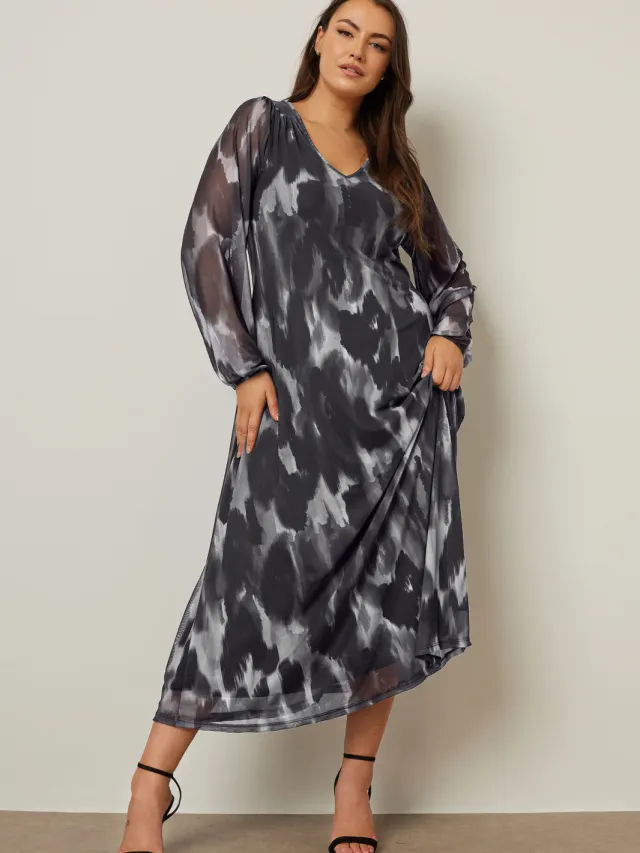 Yours Maxijurk Van Mesh Met Abstracte Luipaardprint En Lange Mouwen In Grijs Grey