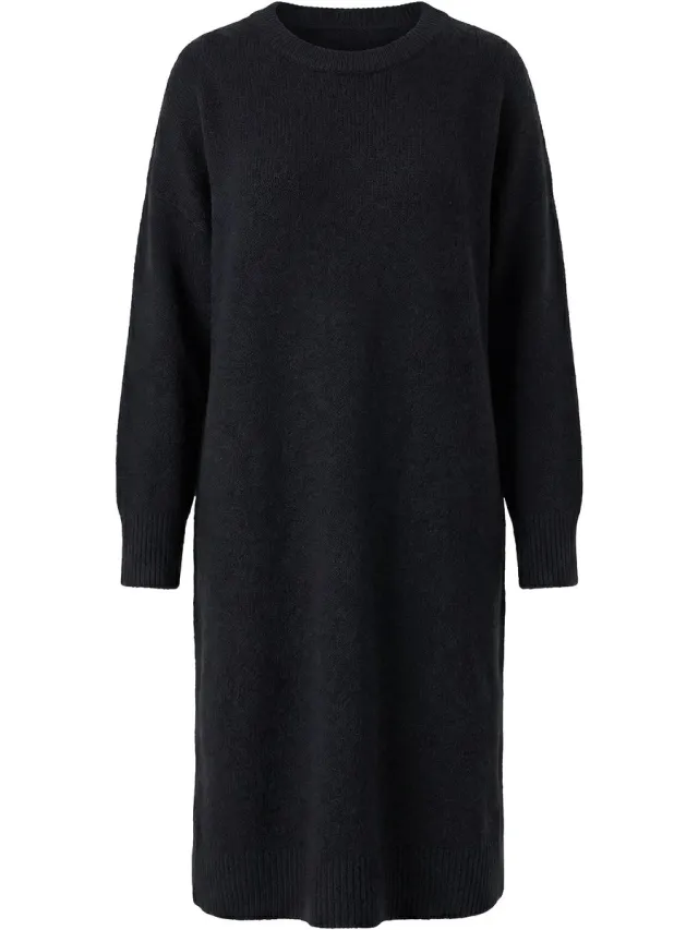 Studio Untold Dames - Gebreide jurk oversized midi-jurk ronde hals lange mouw - Zwart - Maat 50+
