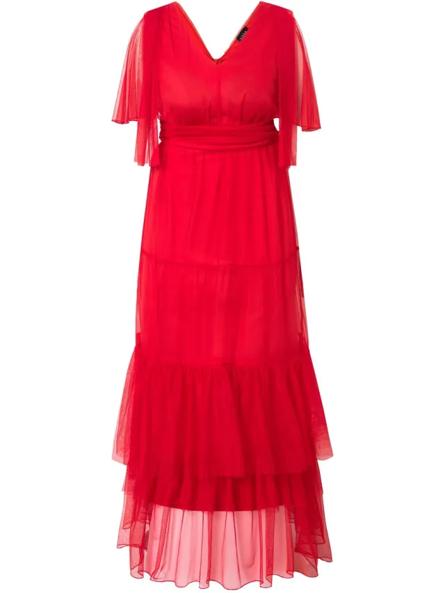 Ulla Popken Dames - Maxi-jurk mesh drapering vleermuismouwen - Lichtrood