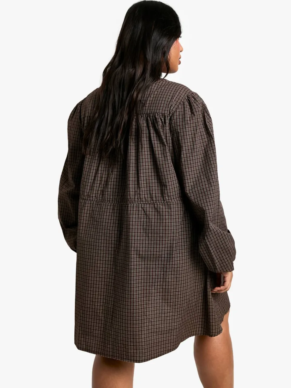 boohoo Dames Plus Geruite Smockjurk met Vetersluiting aan de Voorzijde bruin, foto 2