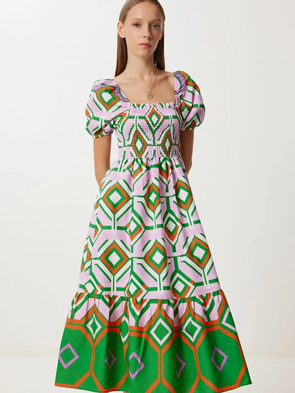 Happiness Istanbul Batikprint Midi-jurk met Ruffle Detail groen, foto 2