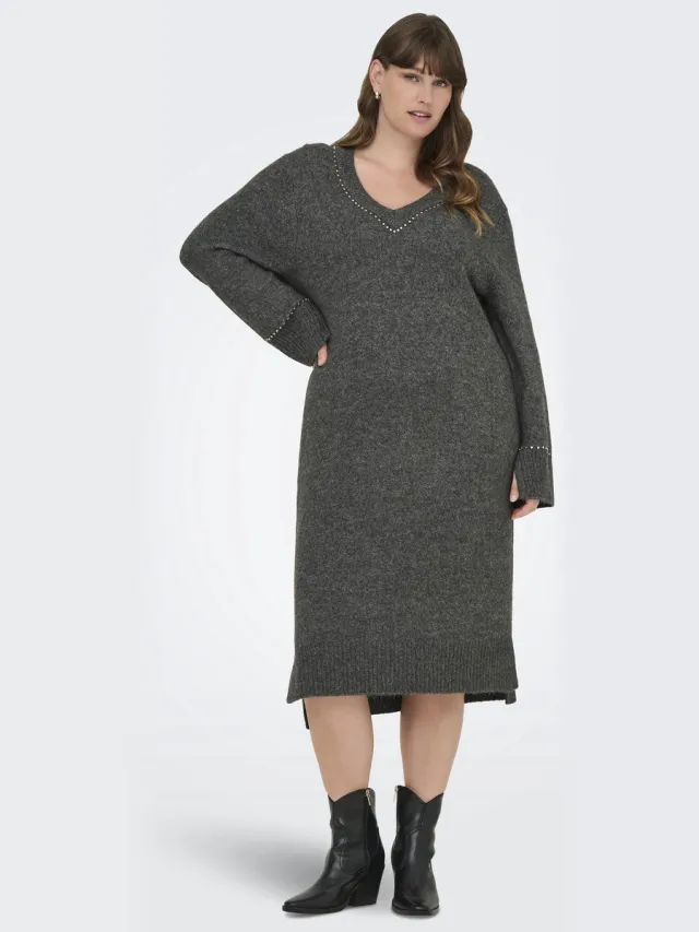 Only Carmakoma CARELSIE LS STUDS MIDI DRESS KNT - Dames - Mini jurken Medium Grey Melange