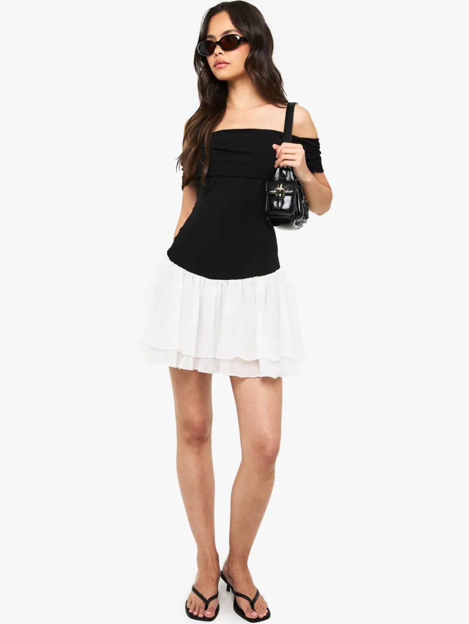 boohoo Dames Bardot Chiffon Mix Mini-jurk zwart, foto 2