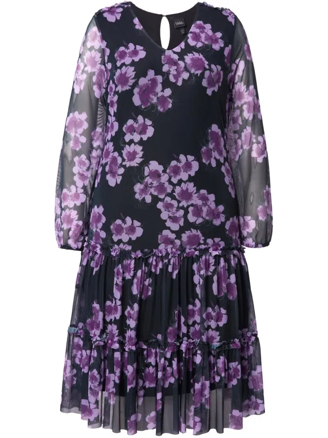 Ulla Popken Dames - Midi-jurk dubbellaags bloemen V-hals lange mouwen - Aubergine - Maat 62+