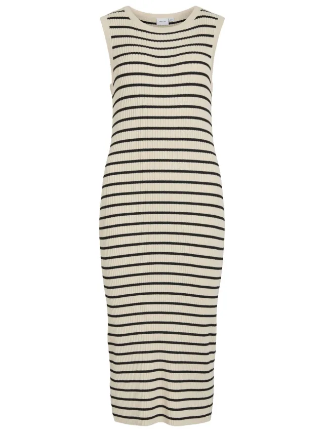 Vila midi jurk rib gebreid ecru Ecru/ zwart