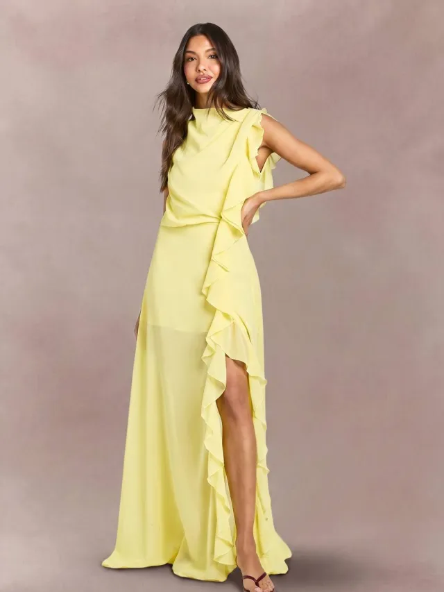 boohoo Dames Chiffon Maxi Jurk Met Hoge Hals En Ruche Detail citroen, foto 2