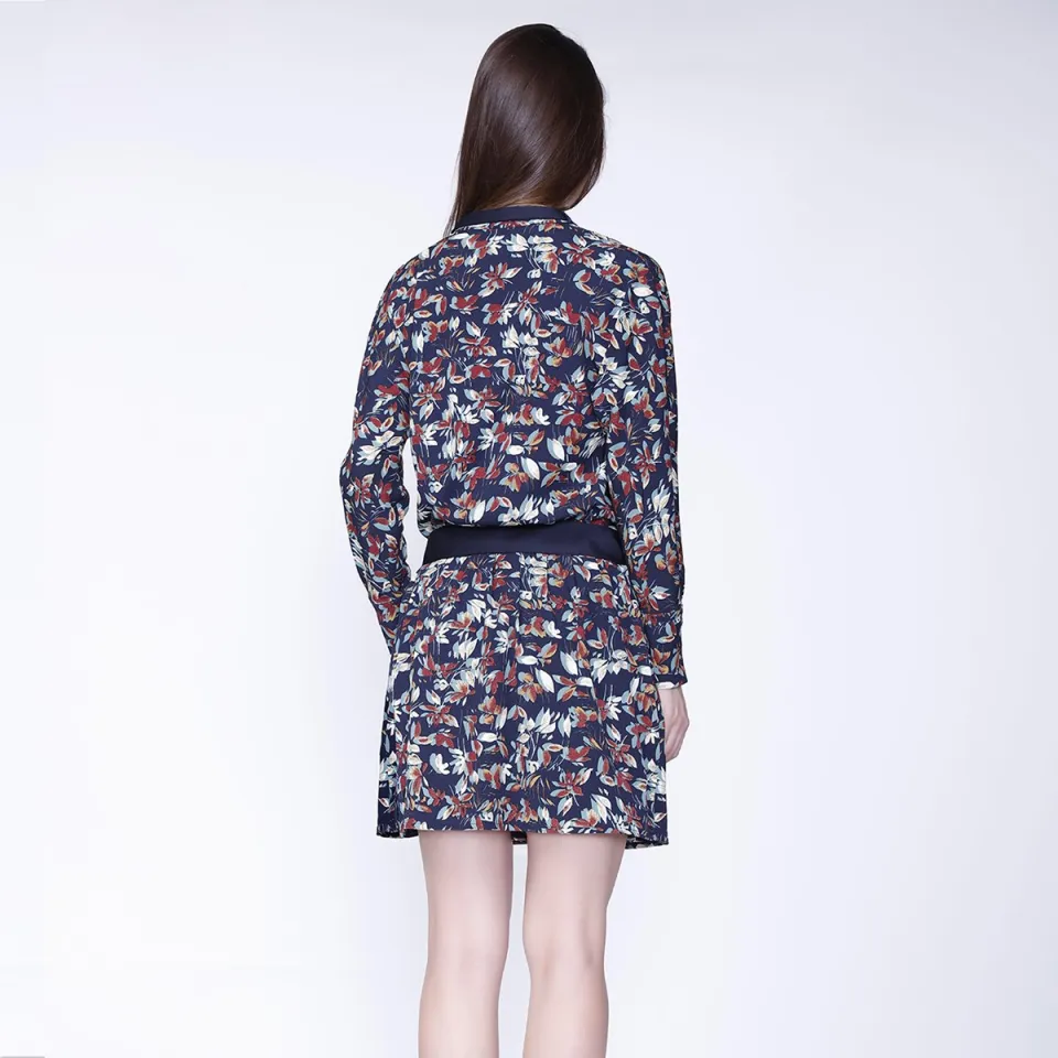 Smart & Joy Satijnen kraag korte jurk en bladeren print blauw, foto 2