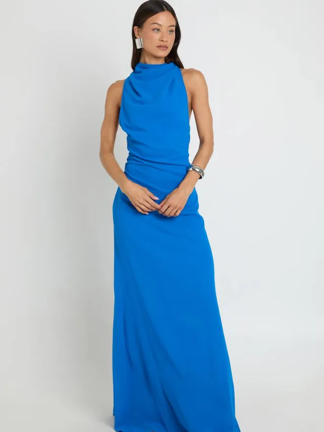 boohoo Dames Lange Chiffon Maxi Jurk Met Hoge Waterval Hals En Open Rug Kobaltblauw