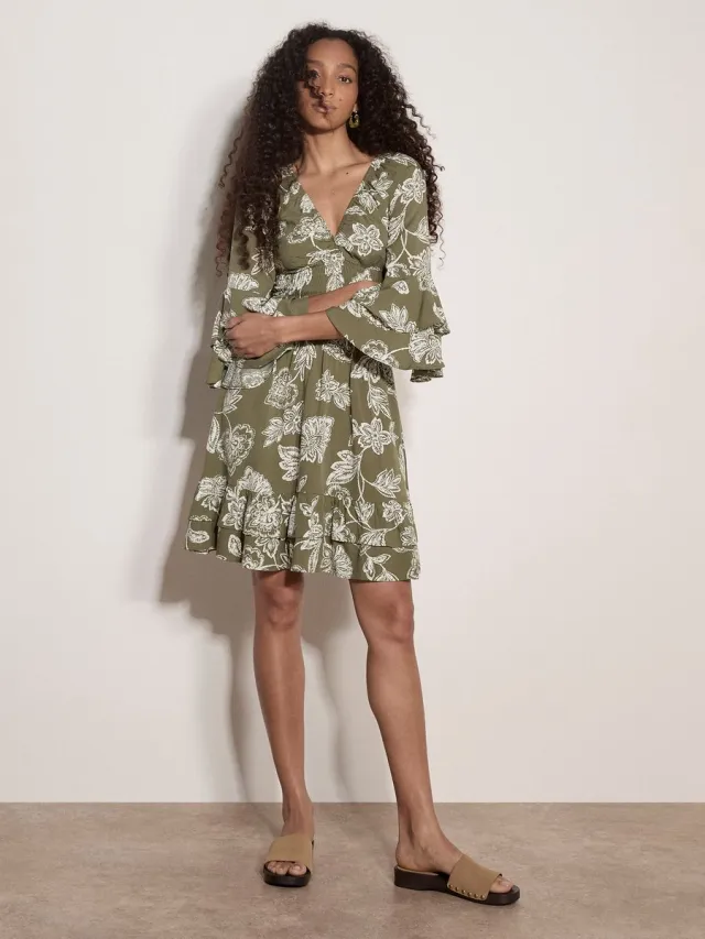 Apricot Sarasa bloemen mini-jurk met ruches Kaki