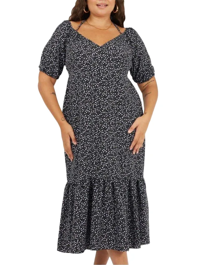 Brave Soul Midi-jurk voor dames met V-hals, stippenpatroon en gebogen silhouet, met korte mouwen (Zwart/Paars)