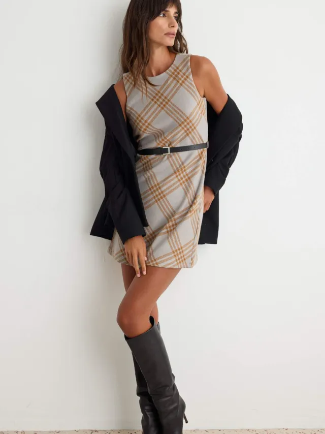 Trendyol TRENDYOLMİLLA Dames Geruit Kort / Mini Mouwloos A-lijn Jurken Beige