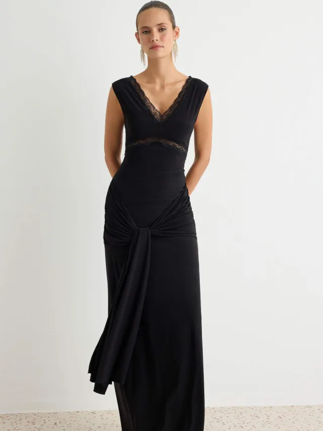 Trendyol TRENDYOLMİLLA Dames Zwart Effen Maxi Mouwloos Diploma-uitreiking / Gala A-lijn Avond & Gala Jurk