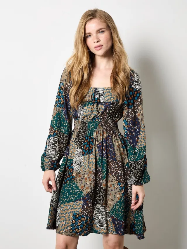 Apricot Boho-minijurk met patchworkprint Kaki