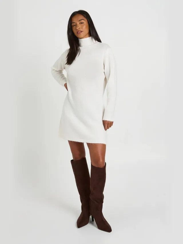 boohoo Dames Petite Mini-jurk Van Superzacht Gebreid Materiaal Met Hoge Hals Crème