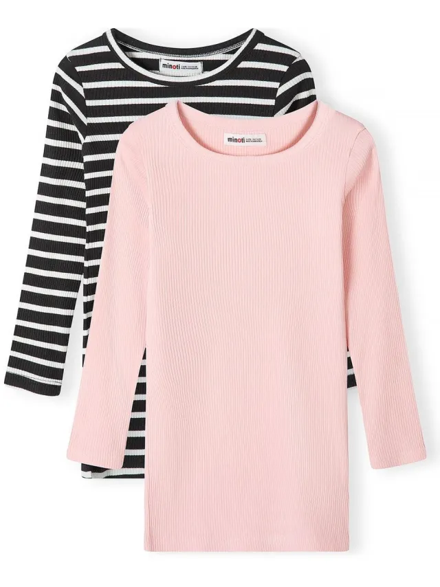 Minoti meisjes jurk lange mouw – geribd – 2-pack – roze en gestreept Meerkleurig