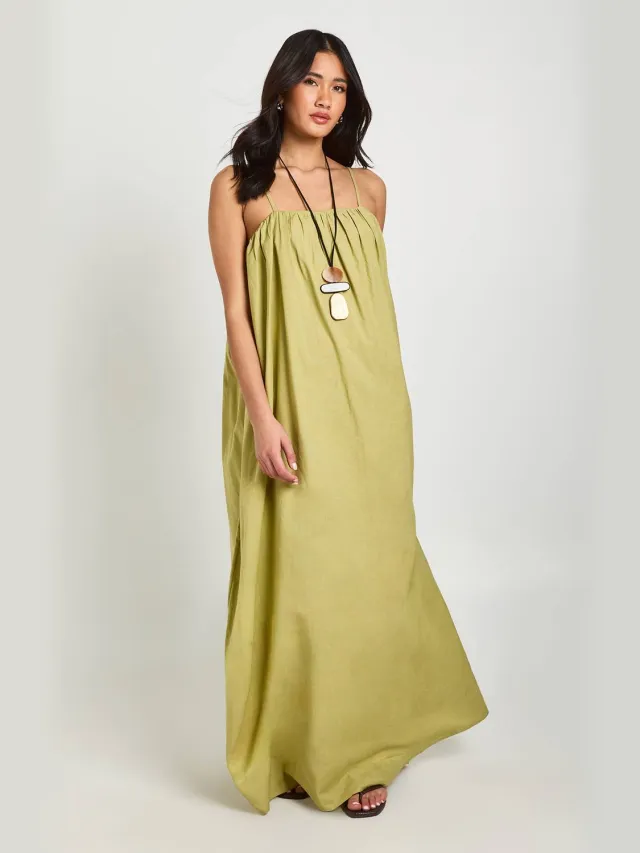 boohoo Dames Linnen Maxi Jurk Met Volledige Zakdetails Licht Kaki