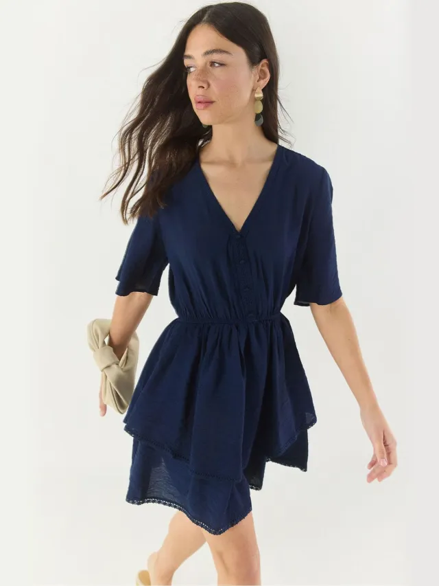 Bianco Lucci V-hals Kanten Detail Mini-jurk Marineblauw