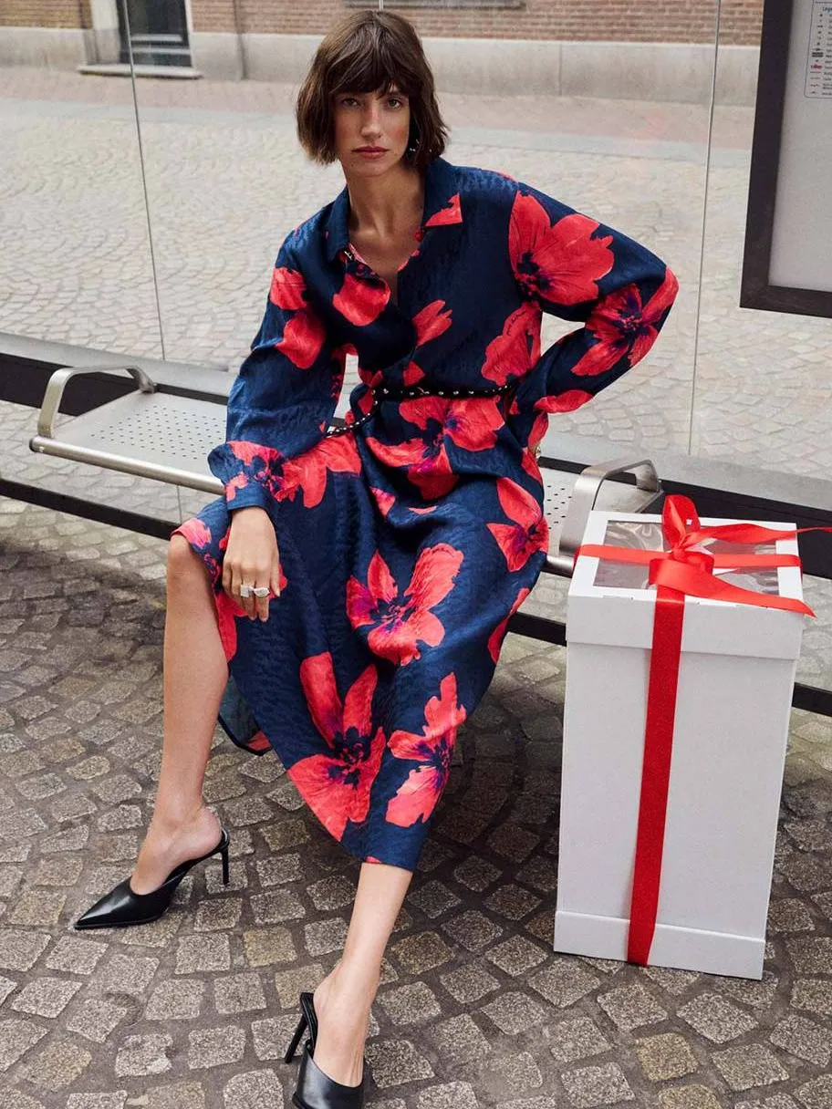 POM Amsterdam gebloemde maxi jurk met ceintuur - donkerblauw/rood, foto 3