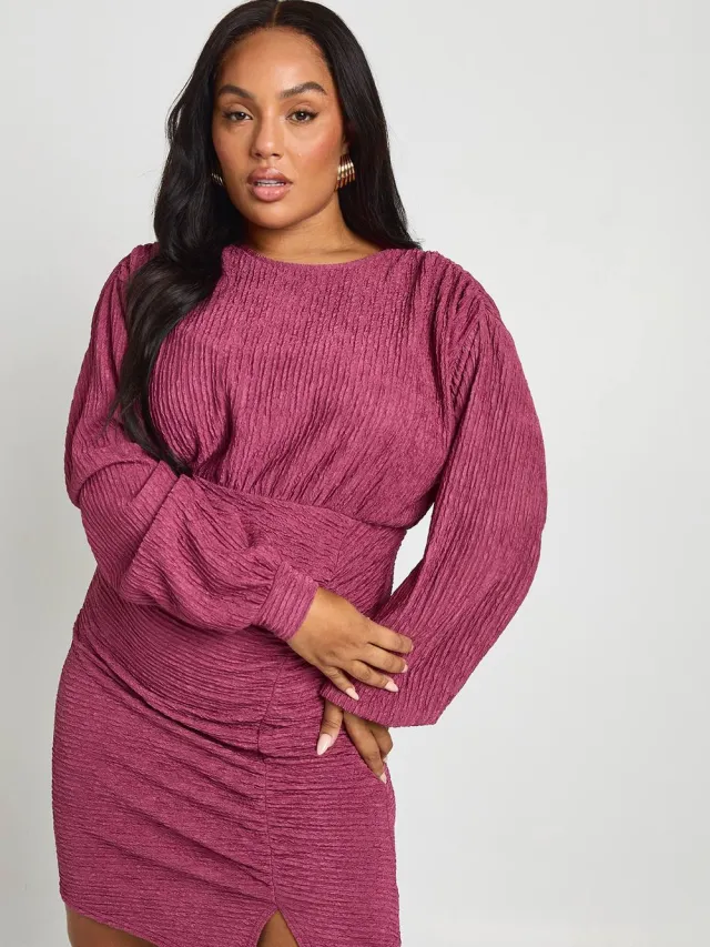 boohoo Dames Plus Gerimpelde Getextureerde Geplooide Lange Mouw Mini-jurk Bessen