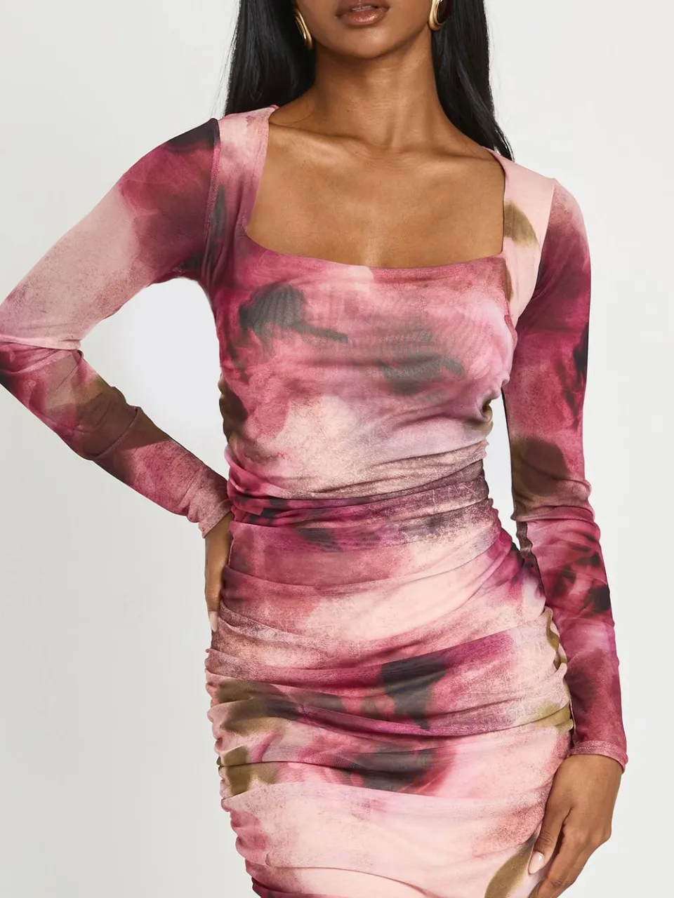 boohoo Dames Getinte Bloemenprint Vierkante Hals Geplooid Mesh Midaxi Jurk roos, foto 2