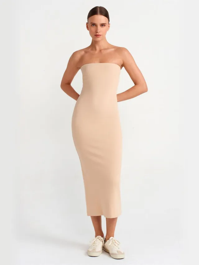 Dilvin Strapless Bodycon Midi-Jurk Beige