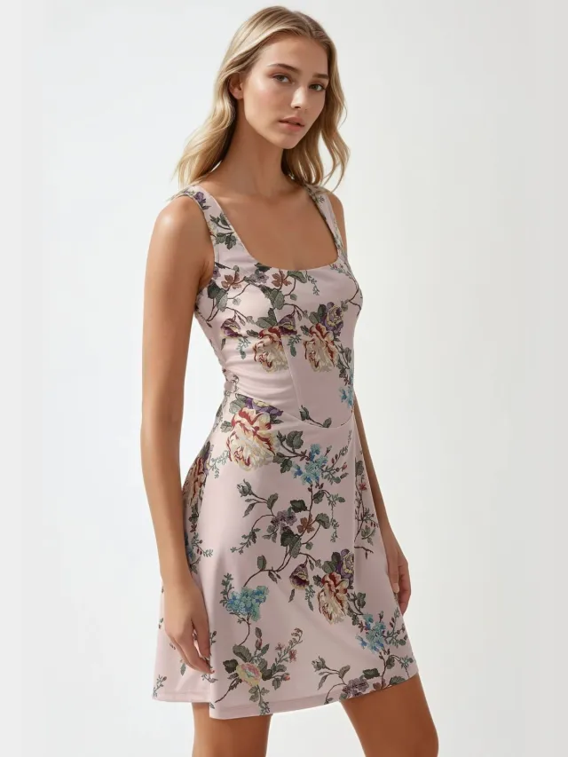 Hiccup Bodycon Mini Jurk met Vierkante Kraag en Bloemenprint Blush