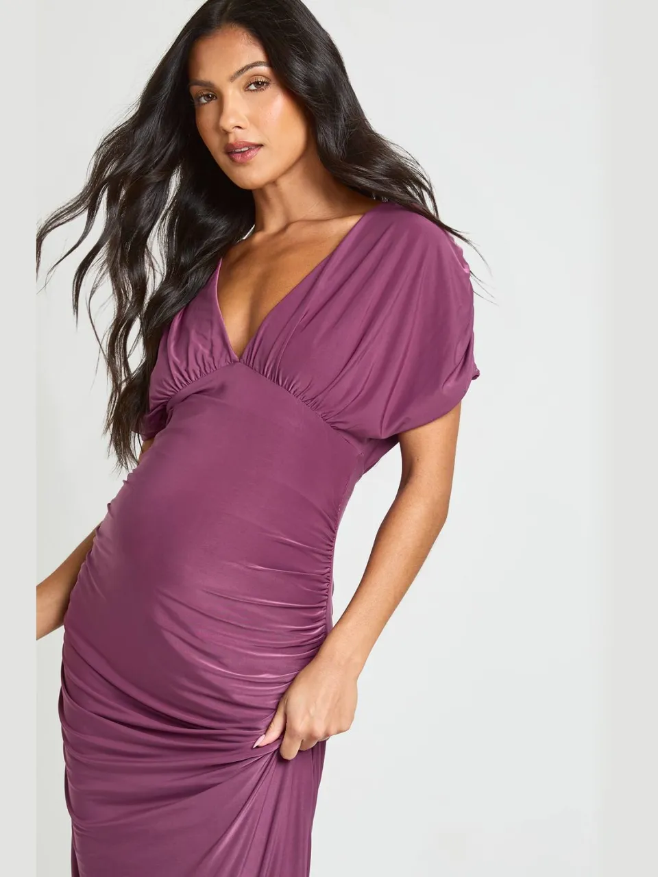boohoo Dames Zwangerschaps Vleermuis Geplooide Taille Maxi Jurk moerbei, foto 2