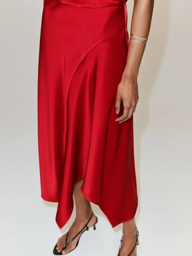 Mango one shoulder midi jurk - rood, foto 3