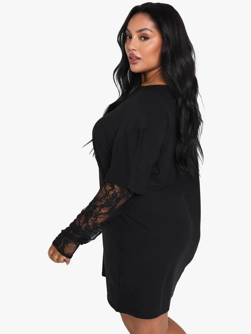 boohoo Dames Plus kanten mouw oversized T-shirt jurk zwart, foto 2