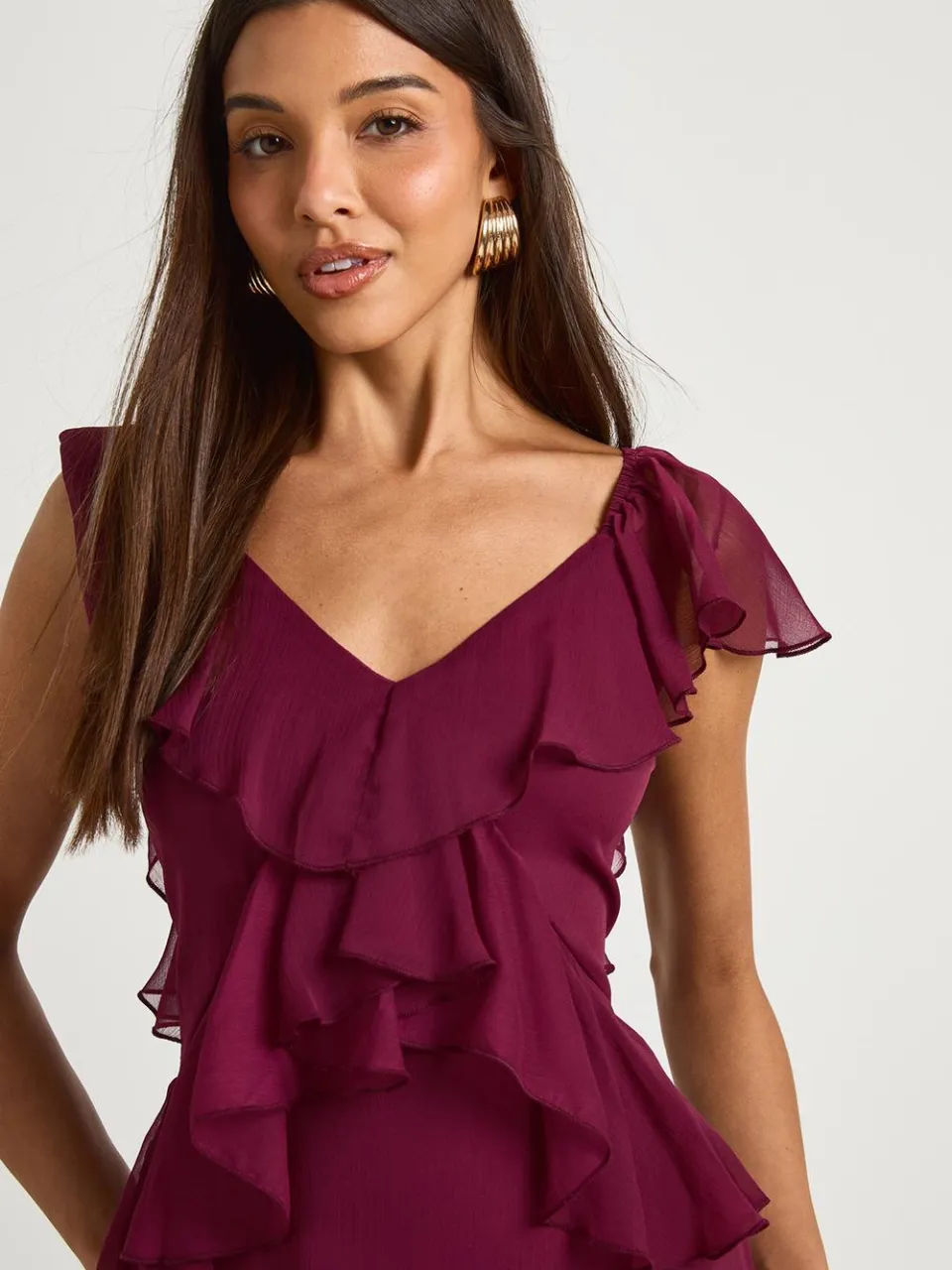boohoo Dames Midaxi-jurk met ruches en engelenmouwen bordeaux rood, foto 4