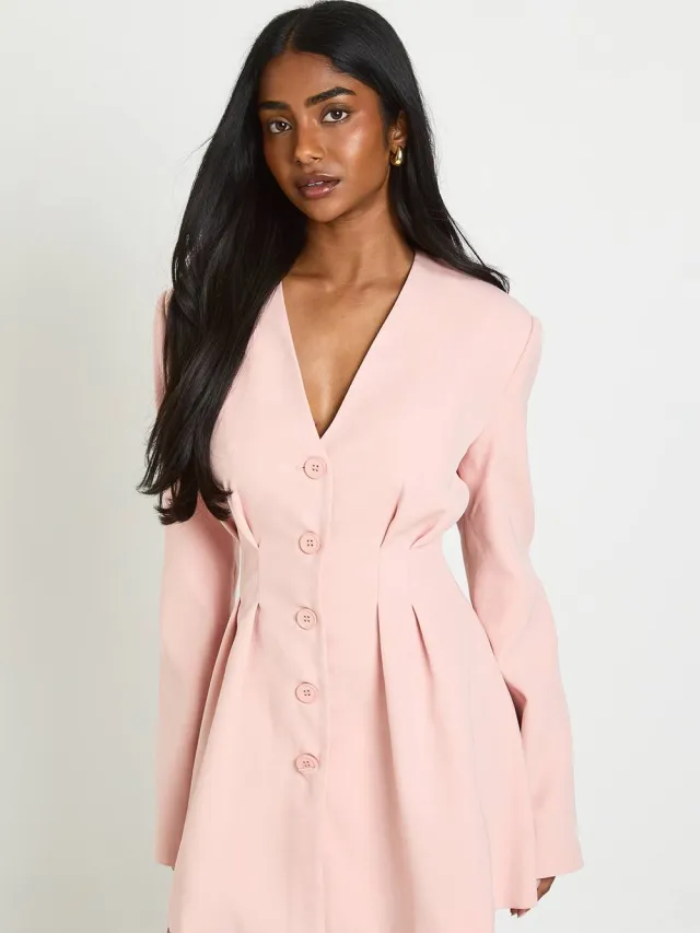 boohoo Dames Getailleerde Mini Jurk Met Lange Mouwen Zonder Kraag Pastelroze