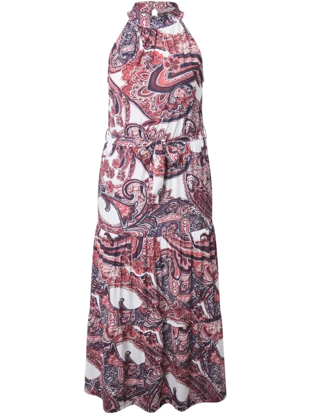 Ulla Popken Dames - Maxi-jurk boho-motief opstaande kraag volantzoom - Off-white - Maat 50+