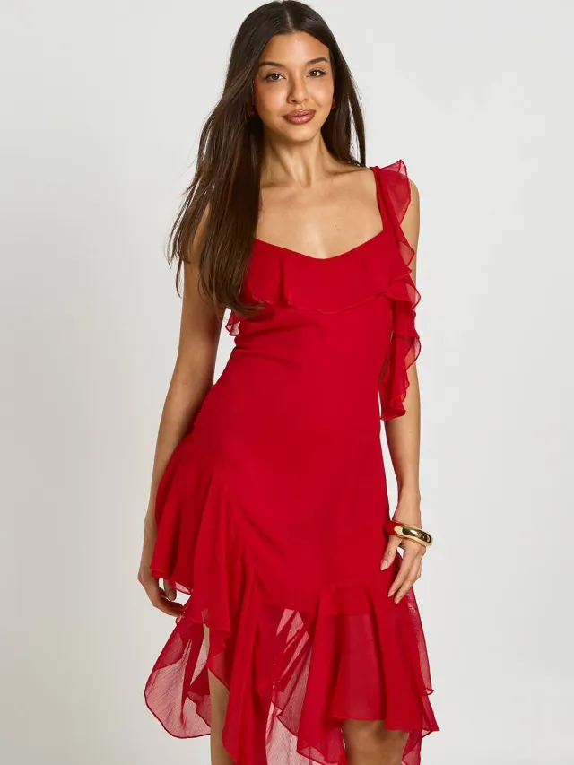 boohoo Dames Chiffon Midi-jurk Met Ruche Detail En Asymmetrische Snit Rood