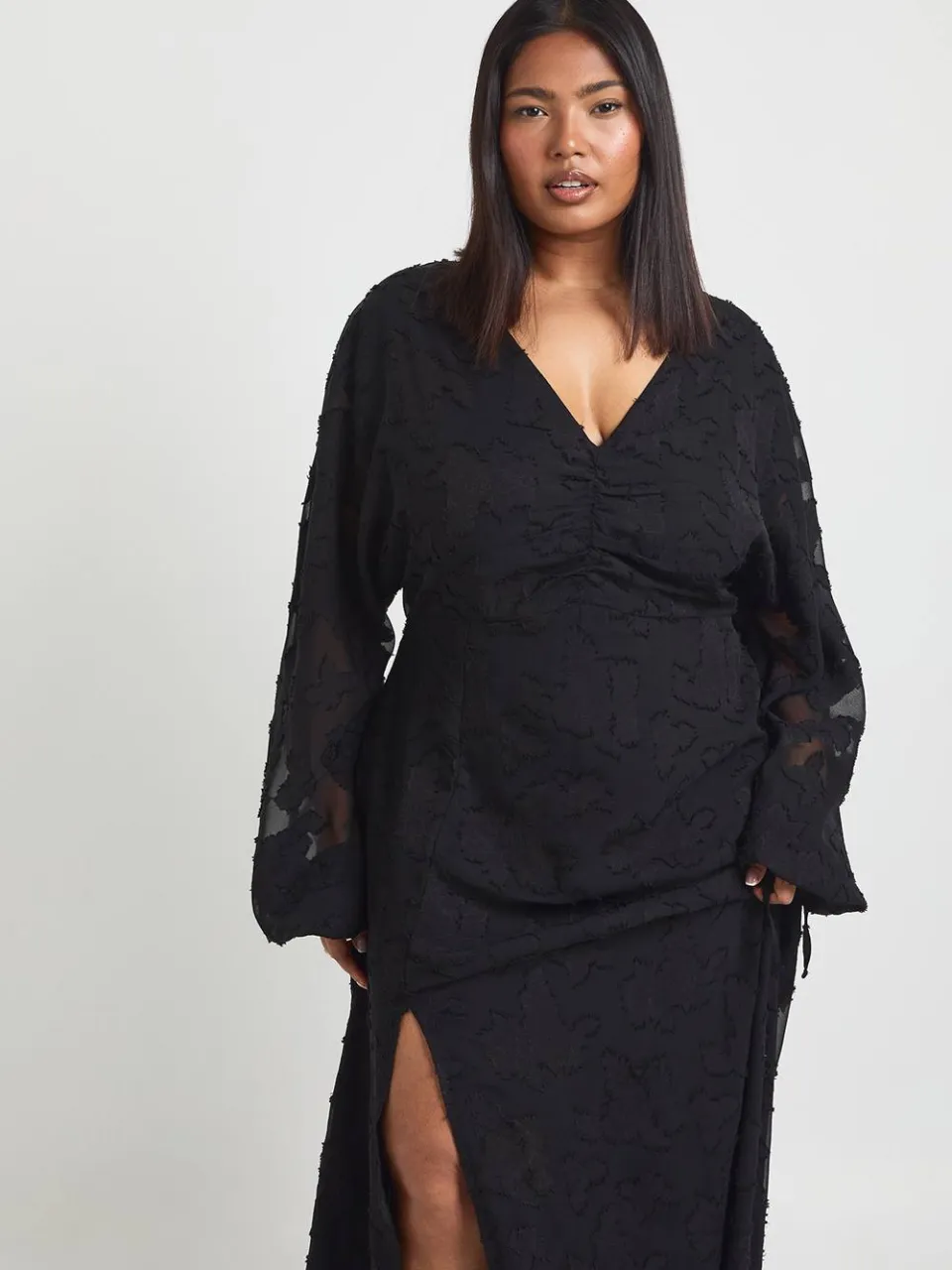 boohoo Dames Plus Midi-jurk Met Bloemen Burnout-patroon En Volumemouwen zwart, foto 3