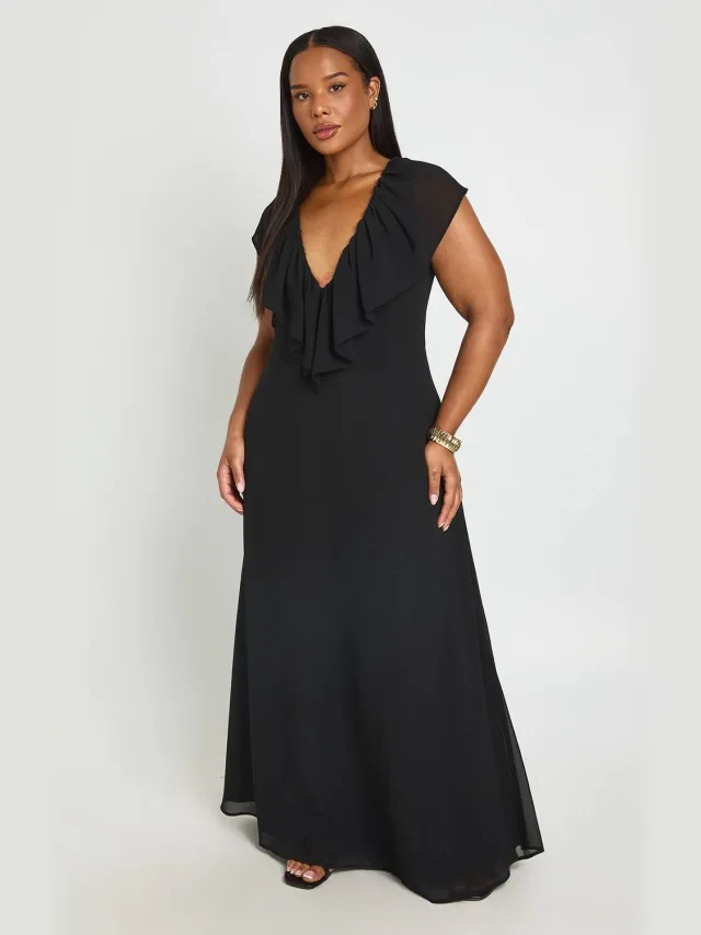 boohoo Dames Plus Chiffon Ruches Plunge Maxi Jurk Zwart